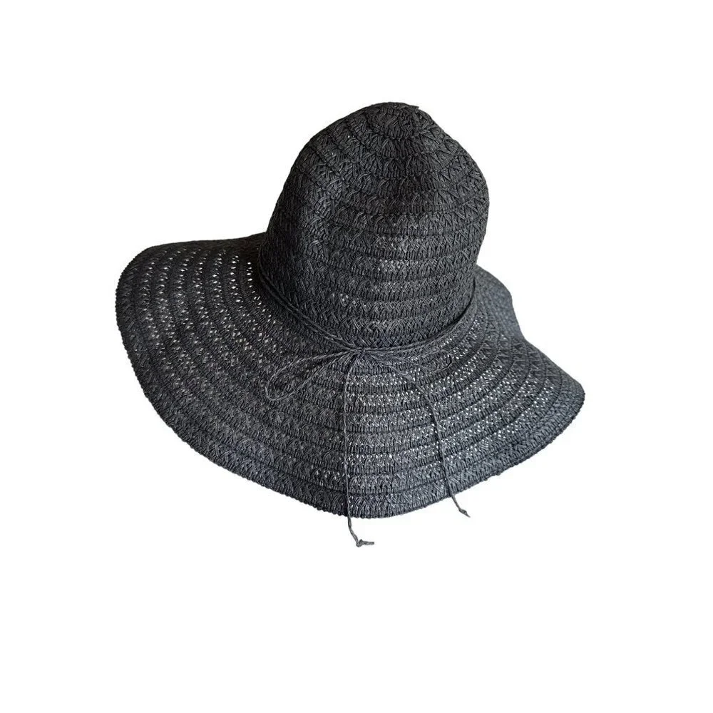 Shoe Shack Sun Hat‎ Black Woven Paper Straw Floppy Wide Brim String Tie OSFM